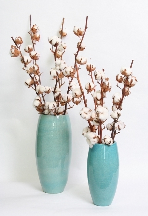 Jarrón turquesa con flores de algodón