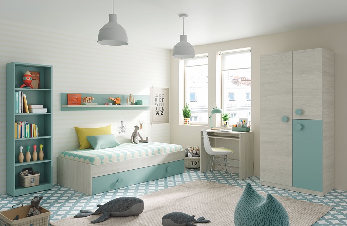 Dormitorio juvenil madera clara y azul claro