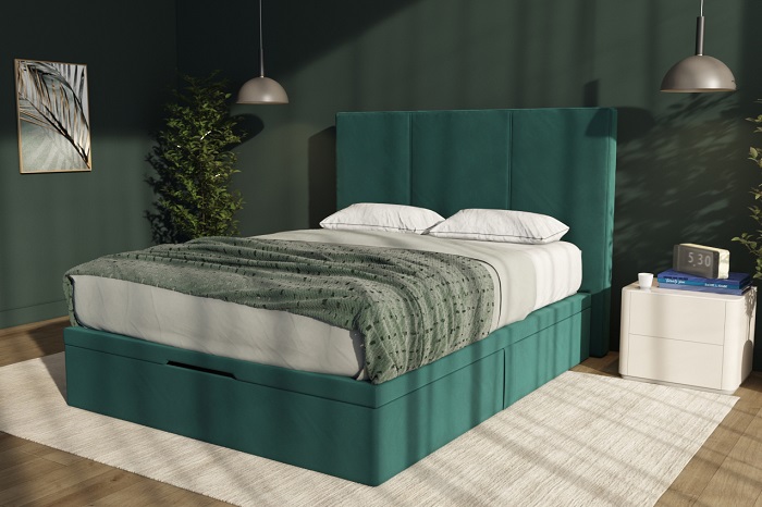 Cama con canapé abatible tapizado en verde